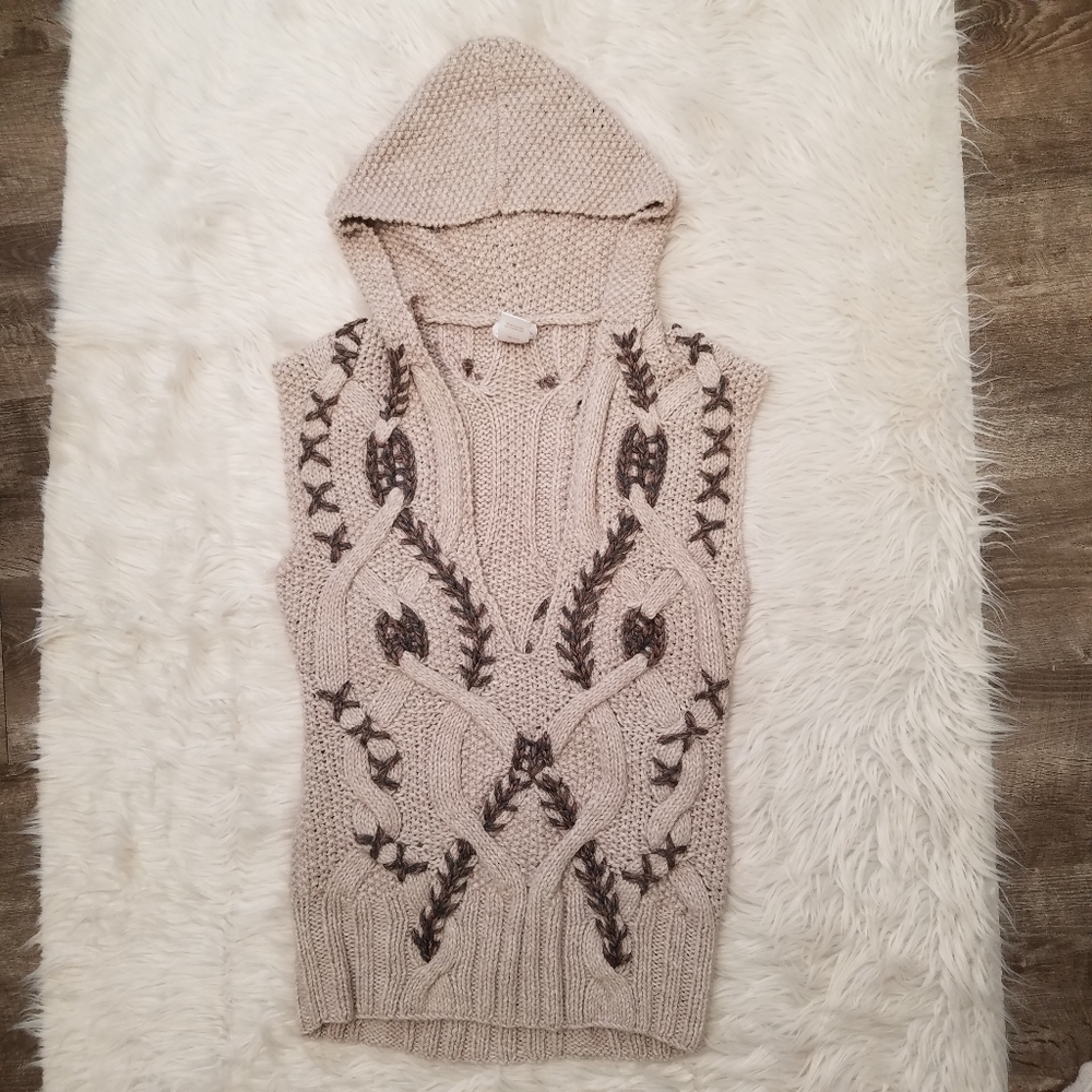 La Rok Alpaca Wool Blend Hooded Sweater L Soft Cable Knit Beige Sleeveless RARE